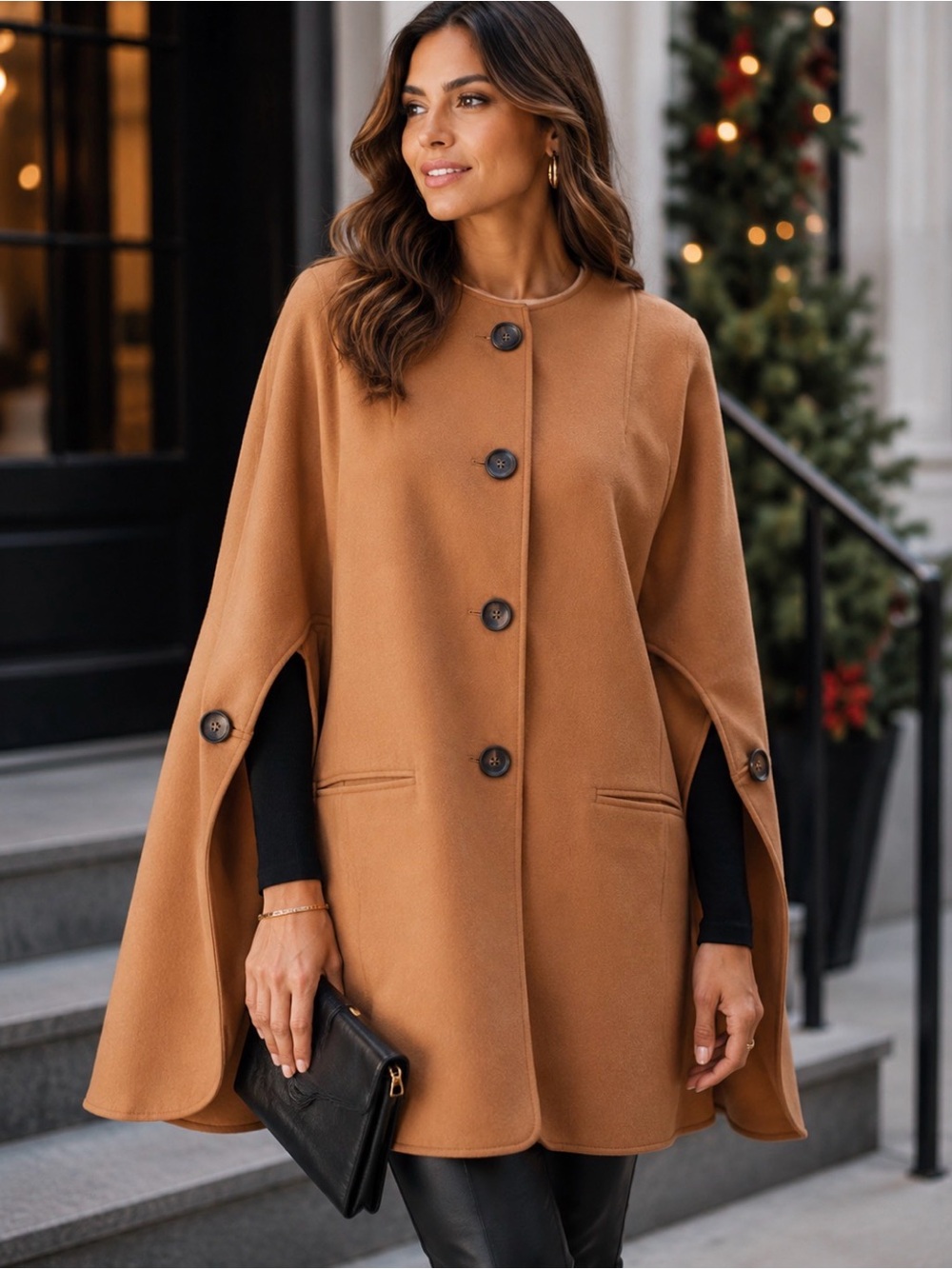 Joan Rivers Camel Cape Coat Large Button Front Poncho Jacket Fall Winter